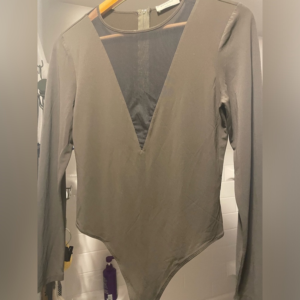 Babaton Gray Asymmetrical Long Sleeve Bodysuit